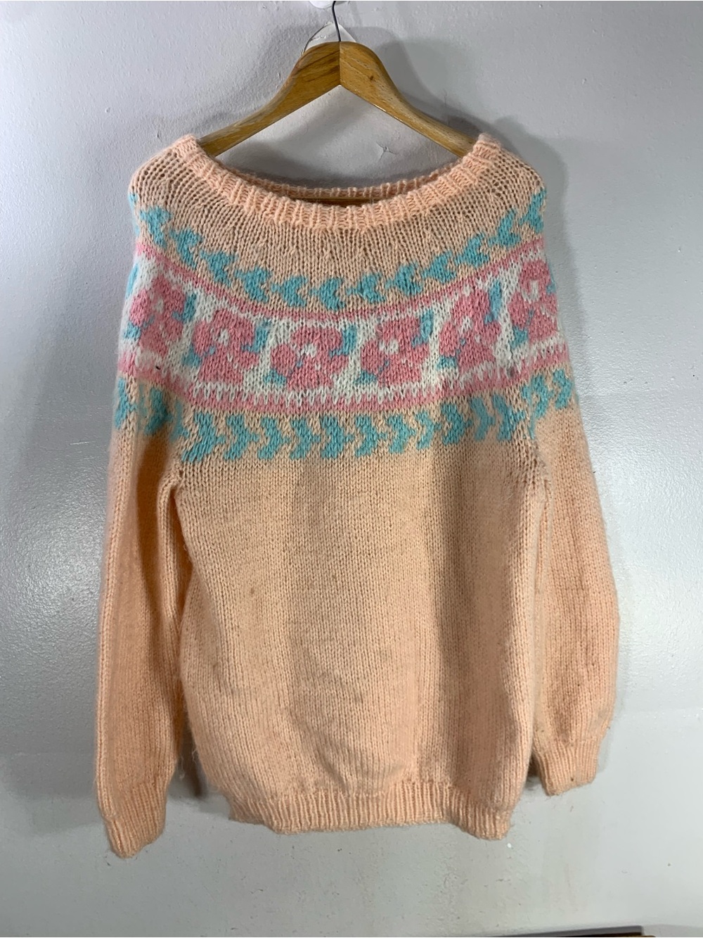 Vintage 1970s/80s Pastel Fair Isle Knit Sweater Pink Blue Floral Pattern